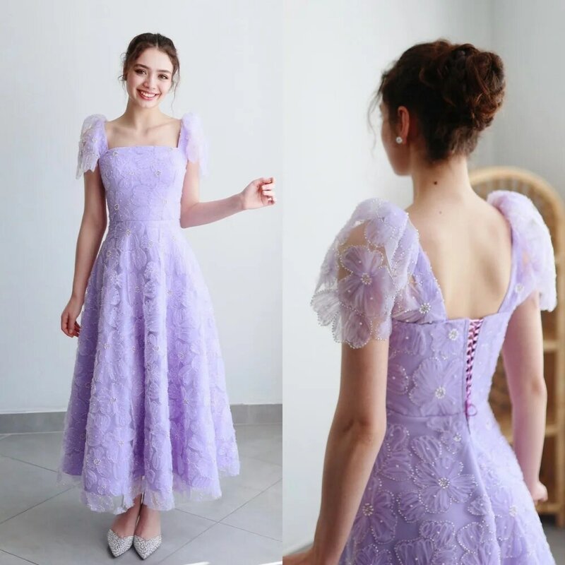 Ball Dress Evening Saudi Arabia Lace Flower Beading Ruched Cocktail Party A-line Square Neck Bespoke Occasion Gown Midi Dresses