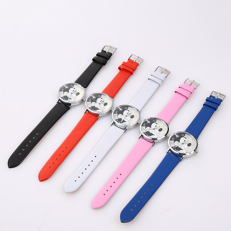 Disney mickey relógios femininos para meninas pulseira de couro preto ultrafinos senhoras relógio de quartzo pulso relogio feminino