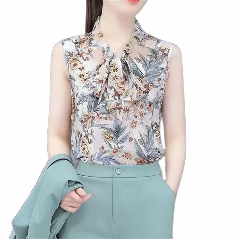 Frauen Vintage Plaid bedrucktes Chiffon hemd lose lässige ärmellose Bluse Dame Top koreanische elegante Stehkragen Schleife Schnürung Sommer