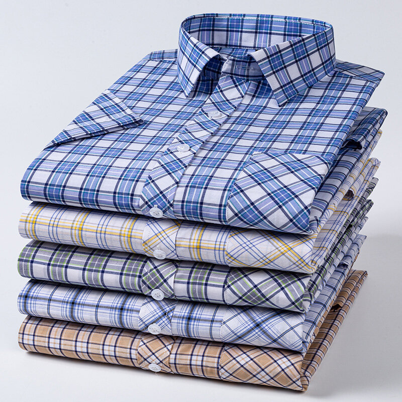 plus size 100%cotton thin short sleeve shirts for men slim fit casual plain shirt hawaiian plaid shirt korean popular clothes