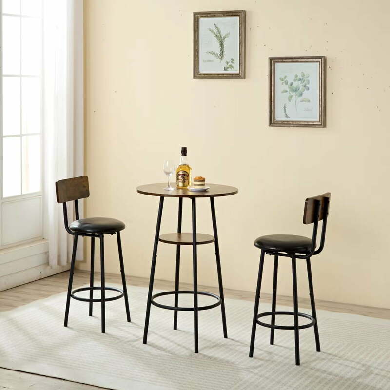 Set tavolo e sedie rotondi da pranzo in 3 pezzi, tavolo da Bar industriale Set tavolo da cucina e 2 sgabelli sull'angolo colazione, marrone rustico