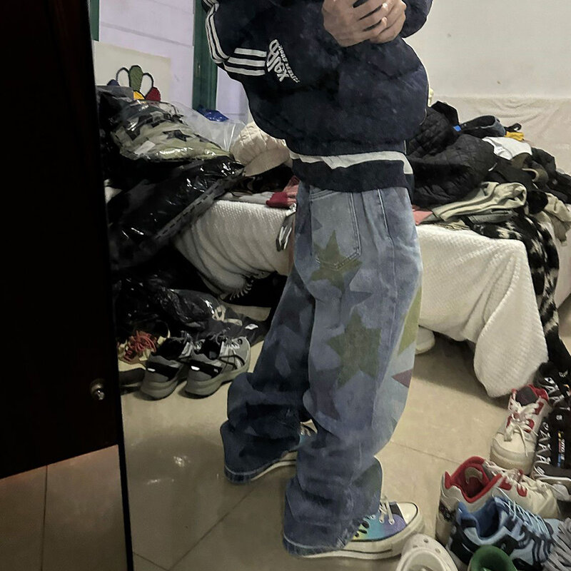 Baggy กางเกงยีนส์ผู้ชายพิมพ์ตรงกางเกงยีนส์ Ins Street Hip Hop กางเกงขาม้า Casual Harajuku Streetwear สเก็ตบอร์ด