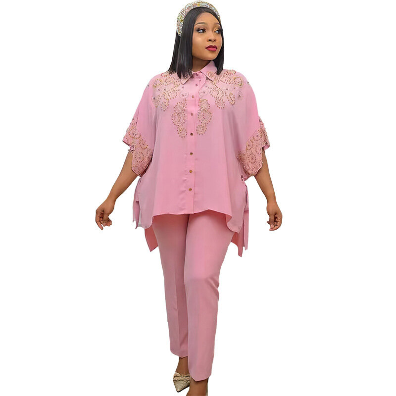 Fato de calça e blusa feminino, colarinho com lantejoulas de pérola, alta quantidade, africano, Nigéria, original, 2023, 3001