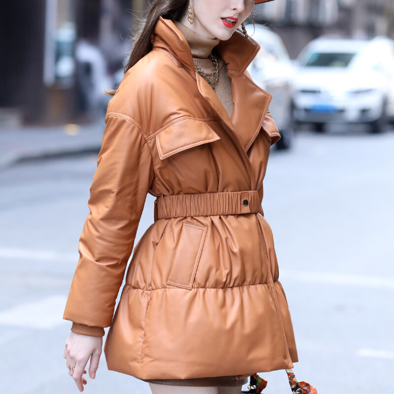 Jaket Kulit Mode Pakaian Wanita Korea Sabuk Ramping Hitam Bawah Mantel Kulit Domba Asli Jaket Kulit Casaco Feminino Zm