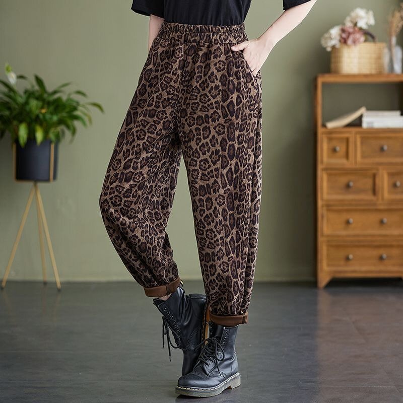 Женские свободные шаровары с эластичным поясом, повседневные леопардовые брюки с редисом, очень большие размеры, осень 145 кг