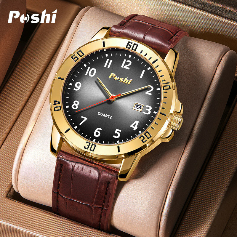 Часы наручные POSHI Мужские кварцевые, роскошные деловые водонепроницаемые брендовые, с кожаным ремешком, с датой