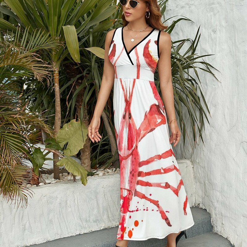 That Fish Cray Red Lobster Illustration Sleeveless Dress beach dresses summer clothes for women womans clothing Dress vintage