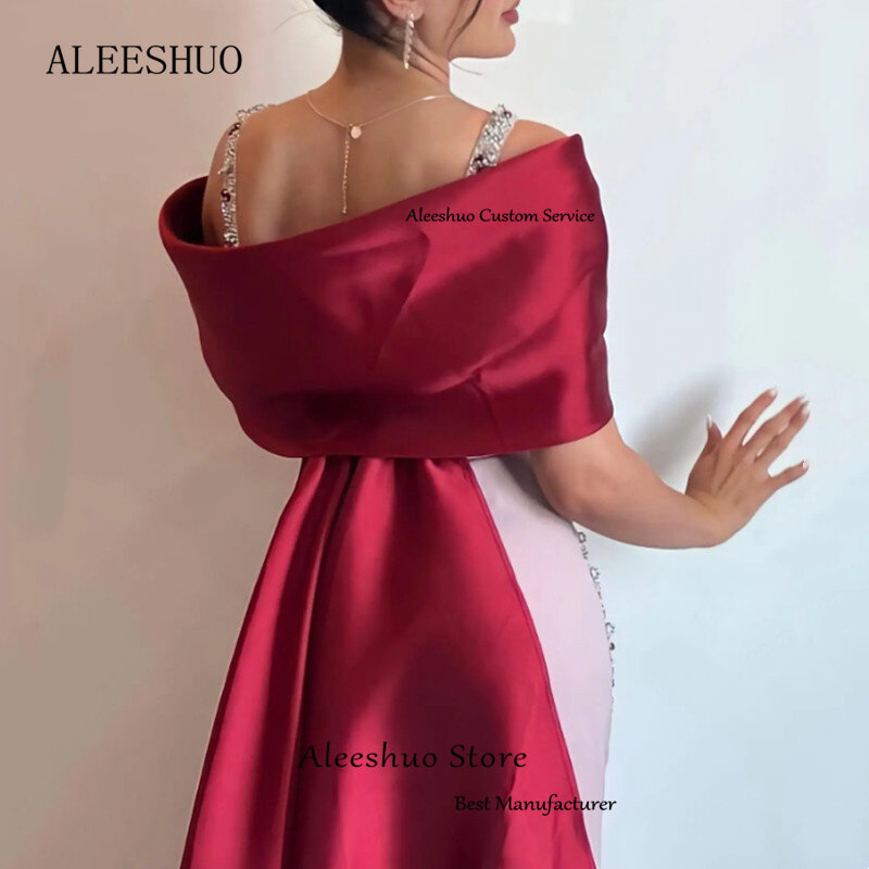 Aleeshuo Luxus Arabisch Rosa Burgunder Meerjungfrau Abendkleid Perlen Applikationen Spaghetti träger formelle Frauen Abschluss ball Party kleider