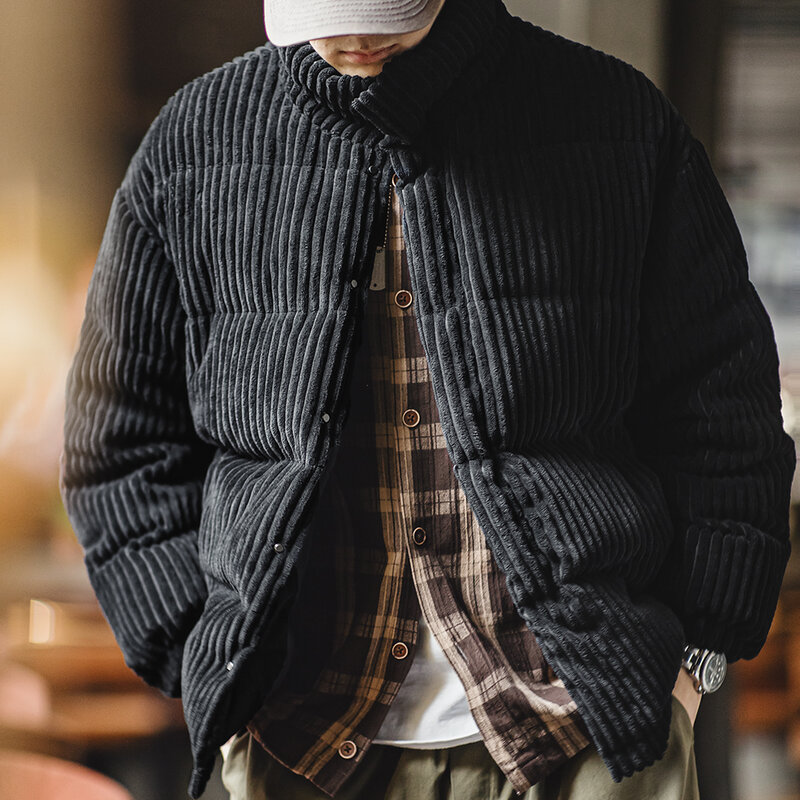 Maden 남성용 코듀로이 다운 재킷, 따뜻한 줄무늬 후드 퍼퍼 코트, 2023 겨울 빈티지 패딩 재킷, 분리형 칼라 블랙