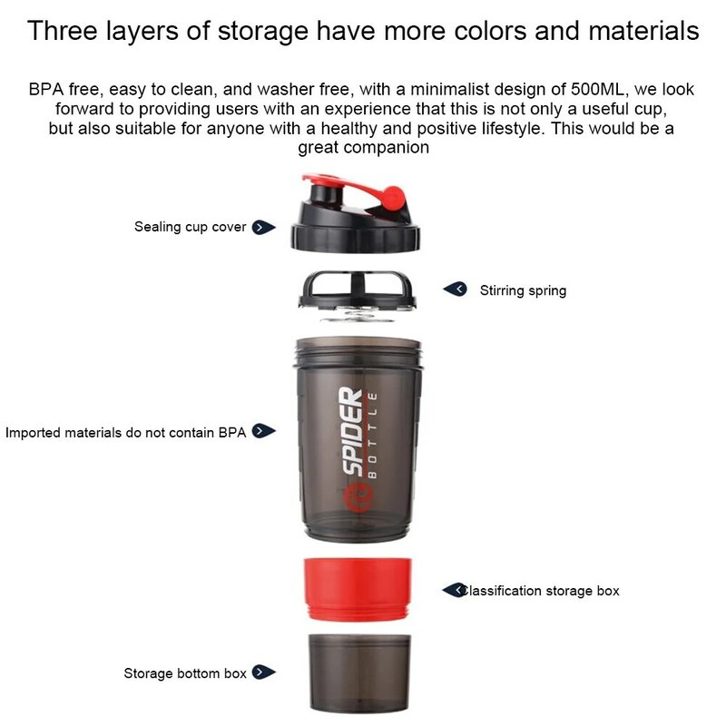 500ML Shaker Drinking Bottle Leak-proof Workout Shake Cup With Mixer Gym Sports Shaker Water Bottle With Pill Supplement Storage