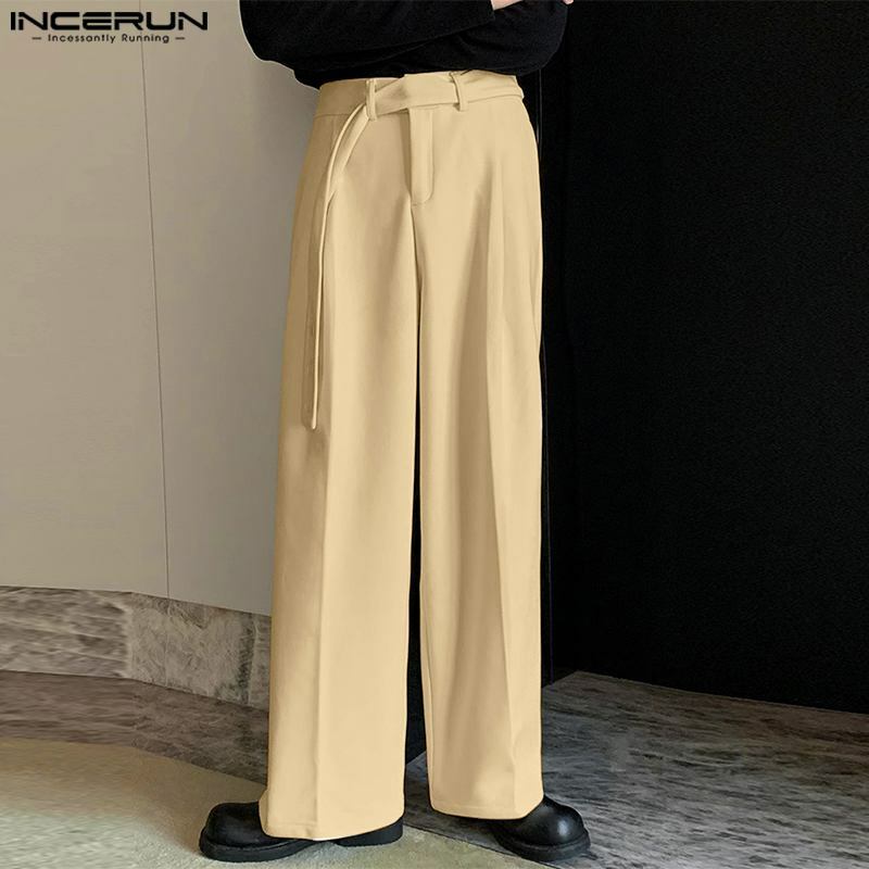 Celana panjang pria INCERUN, celana panjang longgar kasual mode jalanan pinggang elastis Korea warna polos 2024