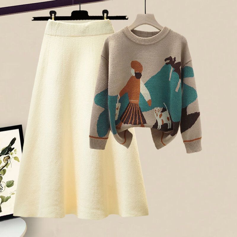 Gaun pesta rajut wanita, Sweater Pullover potongan pas badan, rok rajut dua potong elegan musim dingin 2023