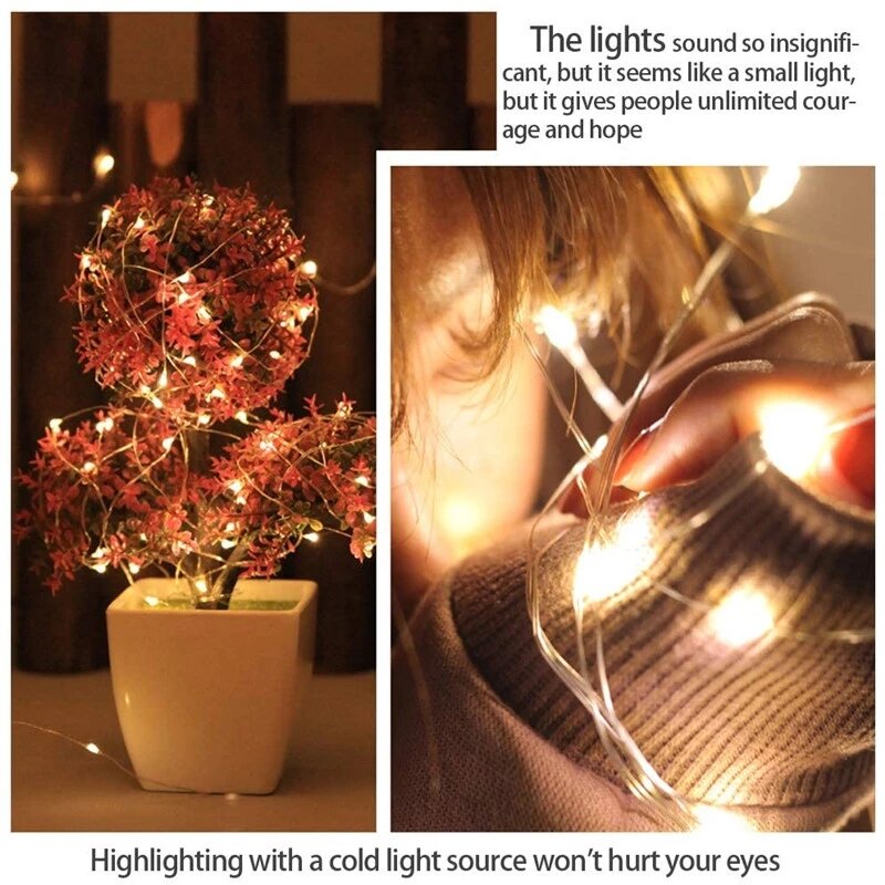 Fio de cobre LED String Fairy Lights, operado a pilhas, 2m, 5m, 10m, 100 cordas LED, 3XAA, Natal, Decoração de casamento