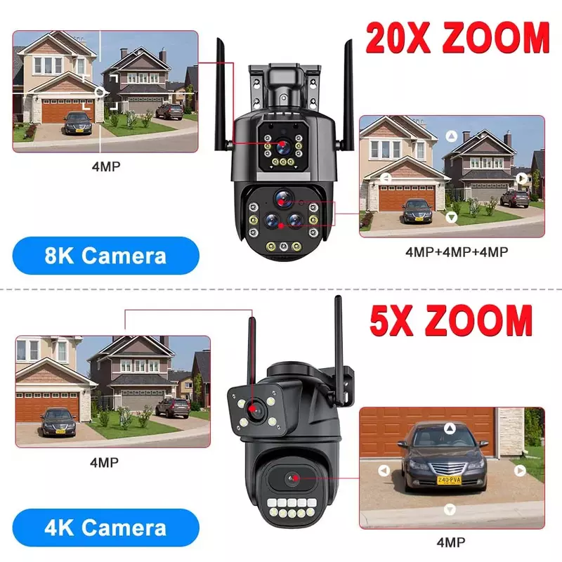 كاميرا أمان لاسلكية خارجية ، كاميرا 4 عدسات CCTV ، كاميرات مراقبة فيديو ، منزل ذكي ، واي فاي ، IP ، تكبير 20x ، PTZ ، 16 ميجابكسل