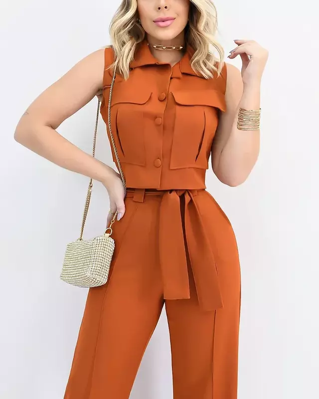 Women Single-Breasted Solid Top 2PCS Outfit 2024 Spring Summer Loungewear Wide Leg Pants Matching Sets Elegant Ladies Suits