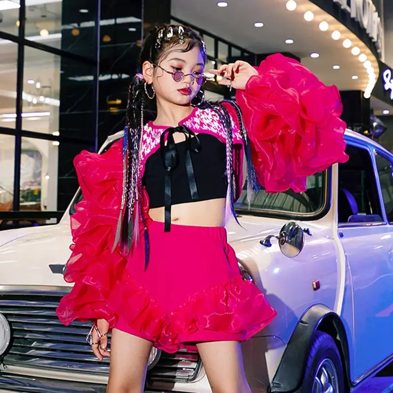 2024 rosa Puff ärmel Cheerleading Kleidung für Mädchen Konzert Performance Bühne Kostüm Jazz Tanz Outfit Kpop Kleidung