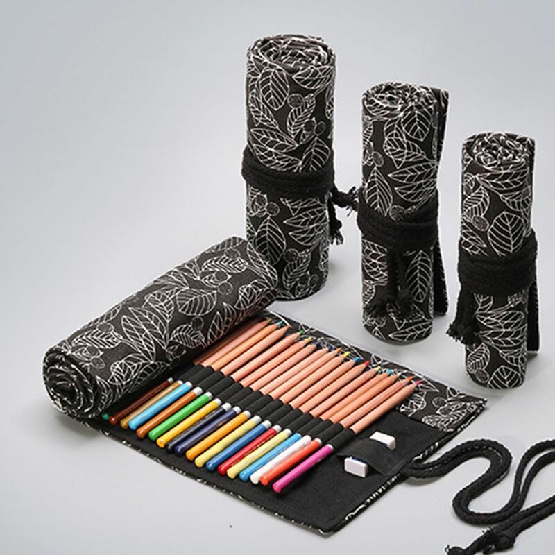 Étui en toile à motif imprimé feuilles noires et blanches, pinceau enroulable, sac à stylos à dessin rond, poudres 12-24 trous