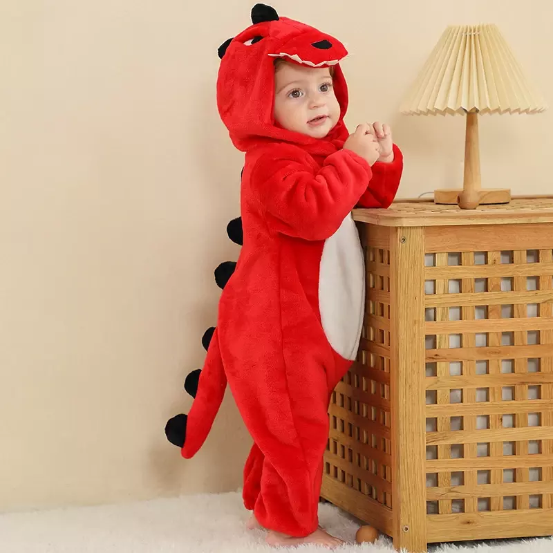 Funny Dinosaur Kigurumi Rompers for Newborn Kids Winter Baby Clothes Children's Bodysuit Animal Hooded Jumpsuit Toddler Overalls