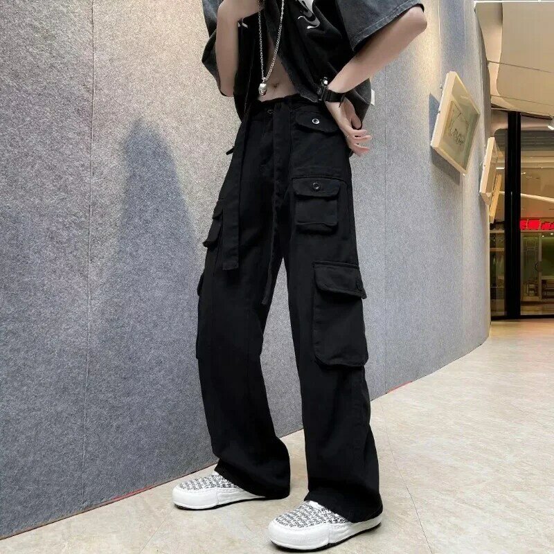 Брюки-карго мужские прямые в стиле хип-хоп, хлопковые штаны с несколькими карманами, Стандартный крой, в Корейском стиле, Y2k