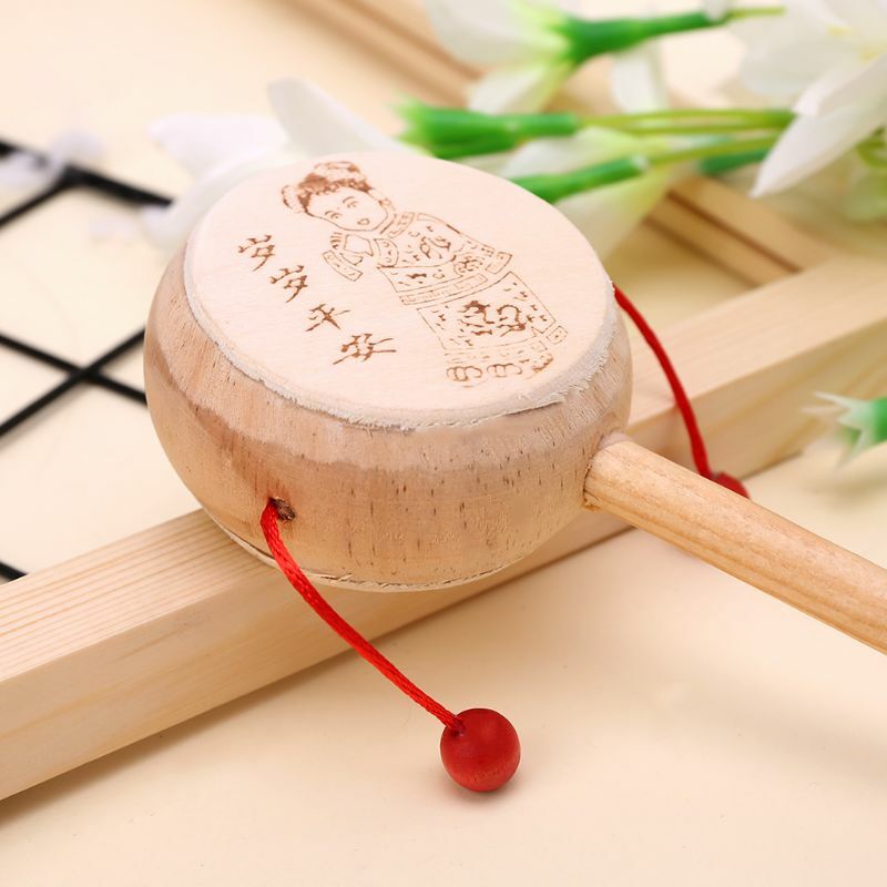 Y1UB Holz Cartoon Chinesische Traditionelle Spinning Rassel Trommel Hand Glocke Baby Musical Spielzeug