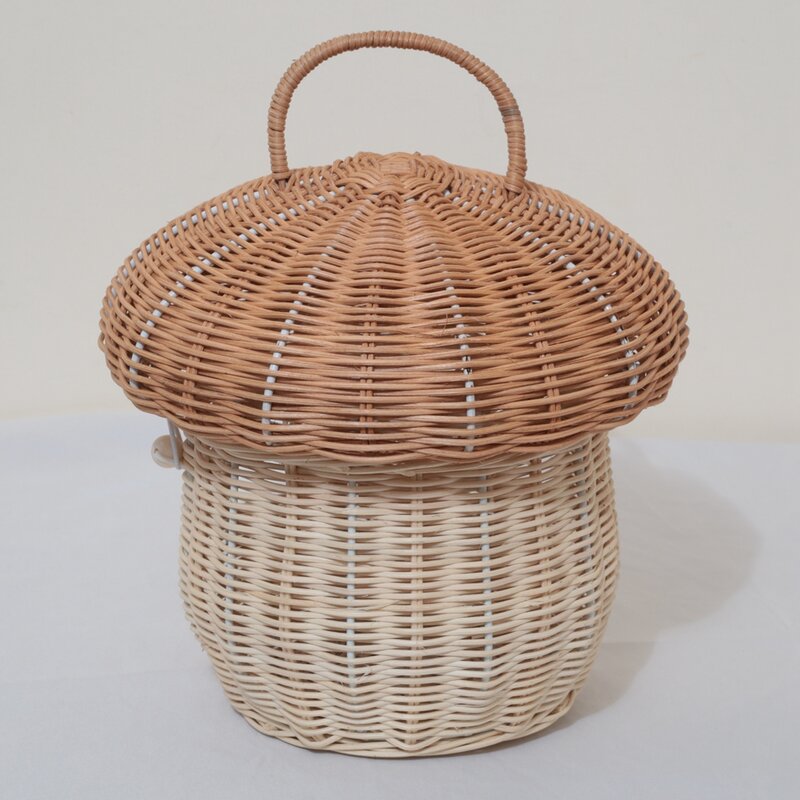 Bolso de mano hecho a mano con forma de seta de ratán, cesta de almacenamiento, cesta de plantas para niños