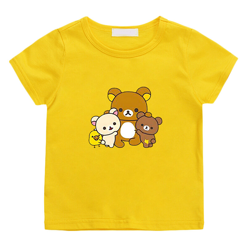 Camiseta Kawaii con estampado de oso Rilakkuma para niños y niñas, Camiseta 100% de algodón para verano, camisetas informales de manga corta con dibujos animados