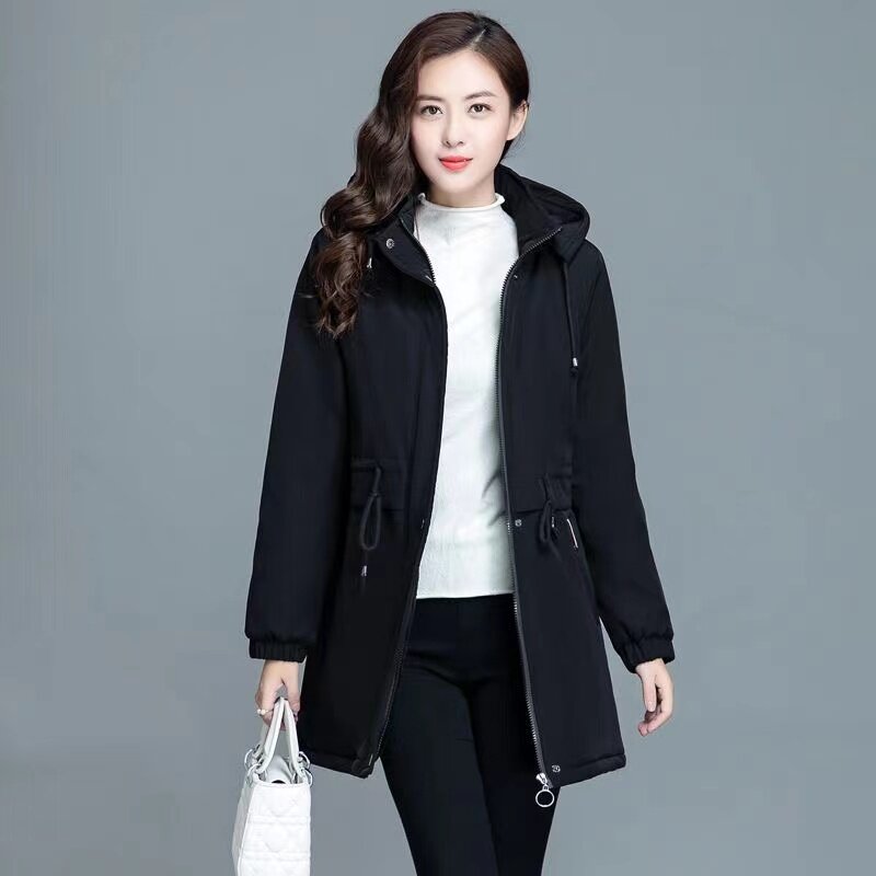 Jaket penahan angin wanita, mantel hangat kasual longgar katun bertudung Musim Dingin Korea panjang sedang