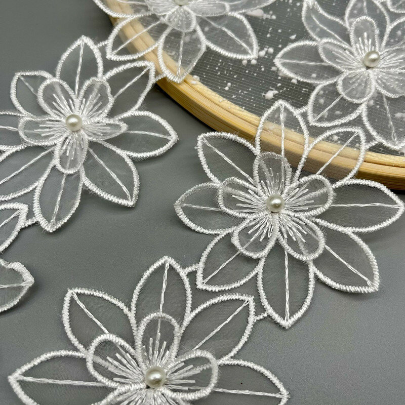 Luxury White Organza Tulle Lace Fabric 3D Beads Flowers Embroidery Ribbon Trim Edge For DIY Sewing Neckline Garment Dress Decor