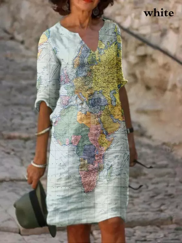 2022 moda feminina solta casual floral impressão v pescoço manga mapa impressão vestido de verão