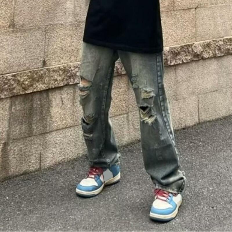 Styl hip-hopowy jeansy Streetwear męskie poszarpane dziury dżinsy z szeroką nogawką z wiele kieszeni, prostymi, swobodnymi spodniami do Hip hopu