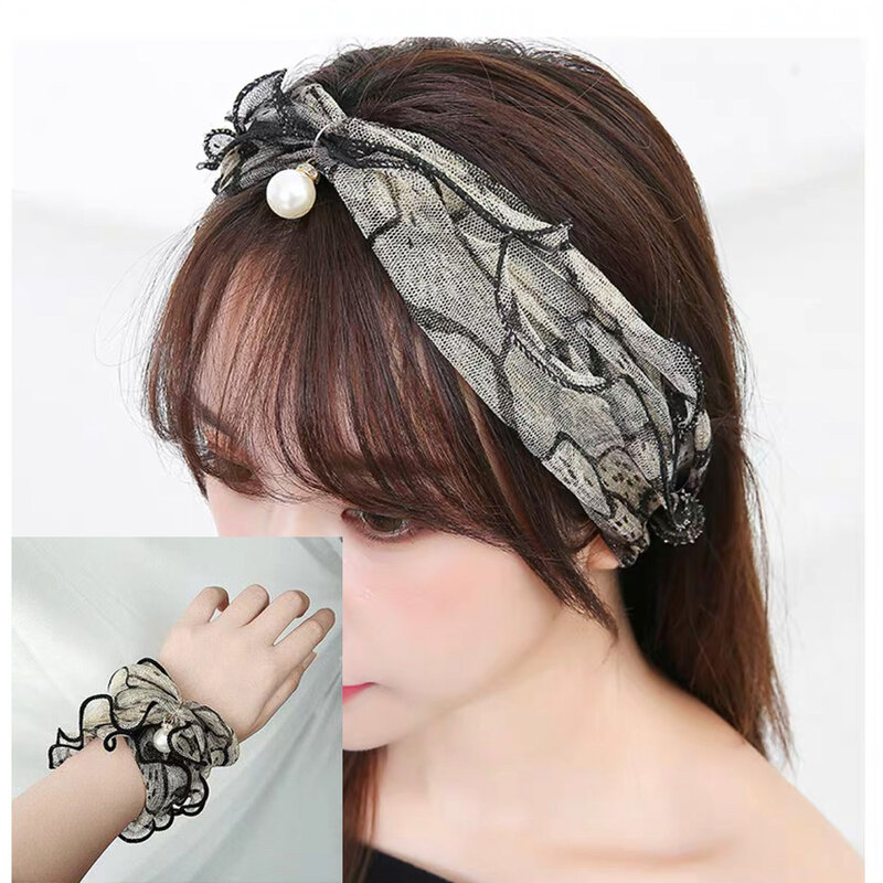 Women Ruffle Neck Collar Scarf Pearl Pendant Organza Lace Headscarf High Elasticity Neck Wrap Chiffon Scarves Thin Soft Bandana