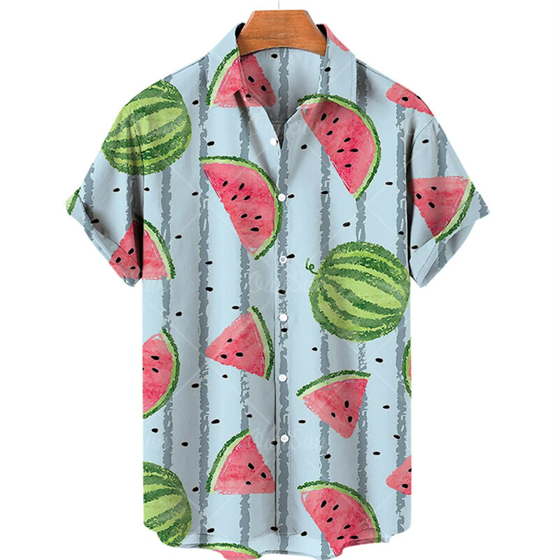 Kemeja untuk pria 2024 musim panas 3D cetak motif buah tropis kemeja Hawaii lengan pendek Fashion kasual pantai resor atasan blus