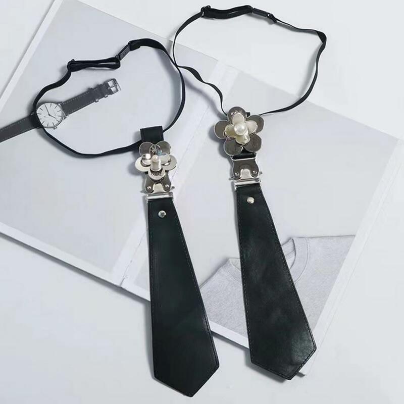 Imitation Leather Tie Pre-tied Necktie Japanese Punk Style Faux Leather Necktie with Metal Buckle Faux Pearl Flower Design