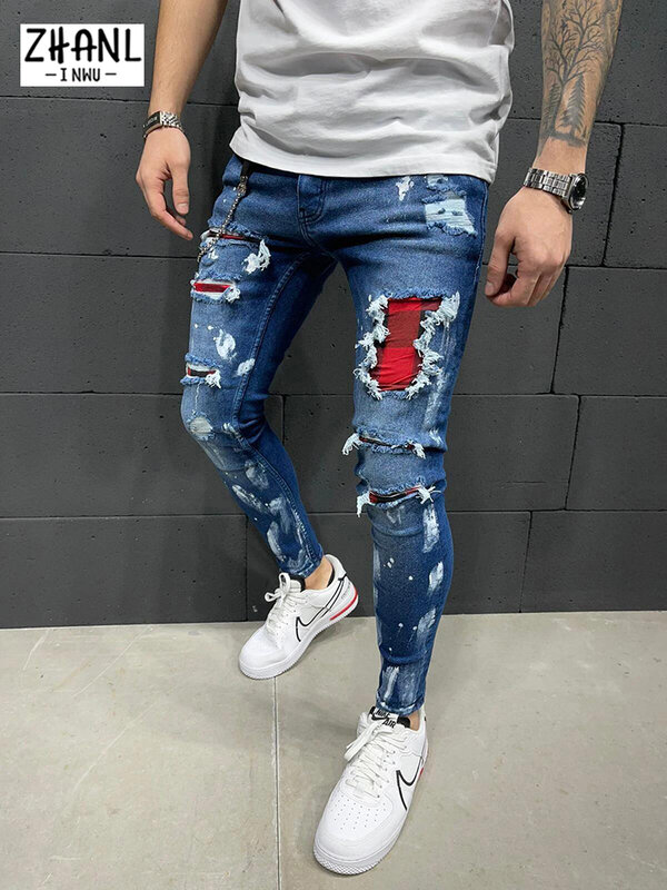 Casualowe męskie jeansy patchworkowe podróżne jeansy męskie spodnie szczupłe spodnie ołówkowe ze strechu zużyte cztery pory roku niebieskie nowe męskie Casual Men