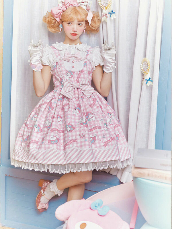 Doce Lolita Jsk Cartoon Print Princess Dress para Mulheres, Cute Bow Lace Party Strap Dresses, Girly Harajuku Kawaii Y2k Mini Dress