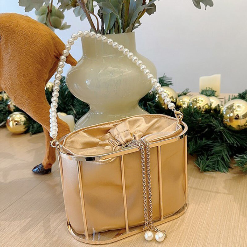 Bolsa de noite feminina de cesta pérola balde oco, designer de luxo, embreagem metálica artesanal, bolsa tiracolo de senhora, 2024