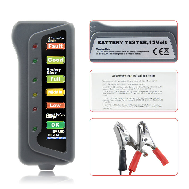 Hot Selling 12V Digital Battery Alternator Tester with 6 LED Lights Display Battery Testers with Brake Fluid Tester