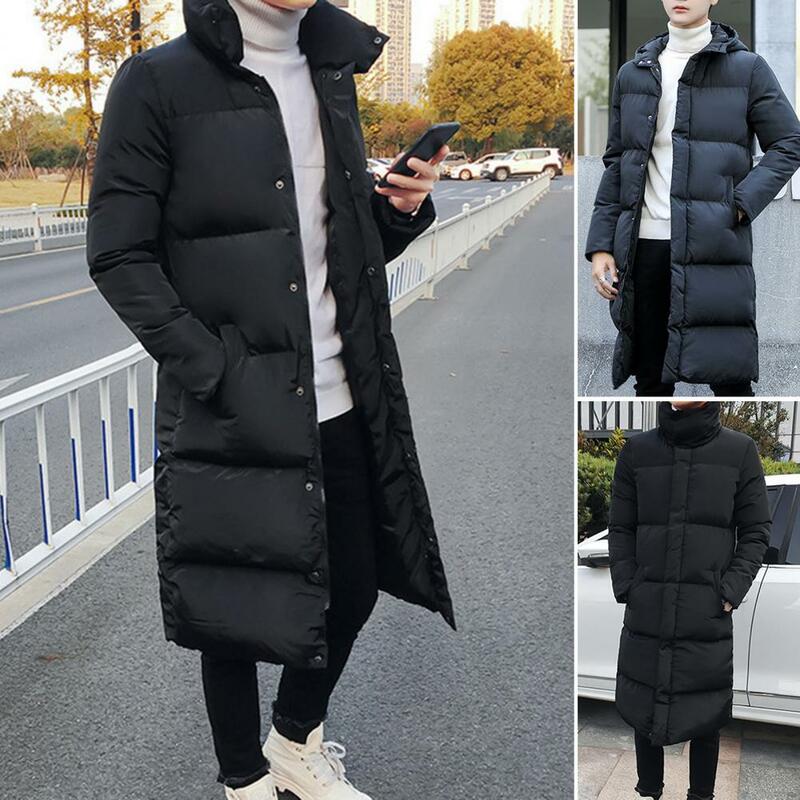 Męska kurtka z kapturem jednokolorowa z długim rękawem zimoodporna zimowa zagęścić bawełny wyściełana wiatrówka znosić Streetwear