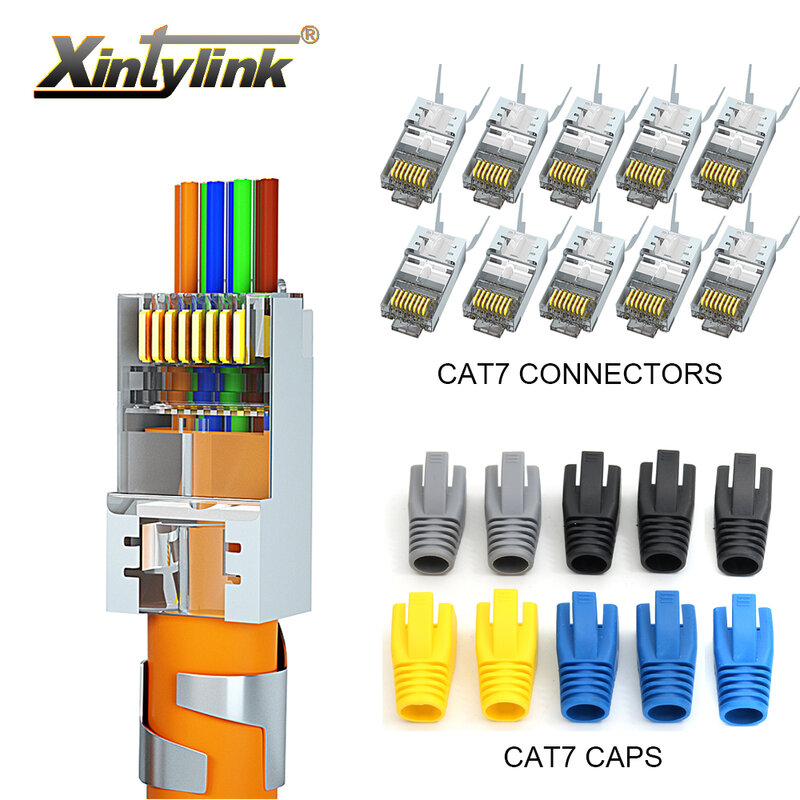 xintylink CAT7 CAT6A rj45 connector 50U RJ 45 ethernet cable plug network SFTP FTP half shielded jack 1.5mm hole pass through