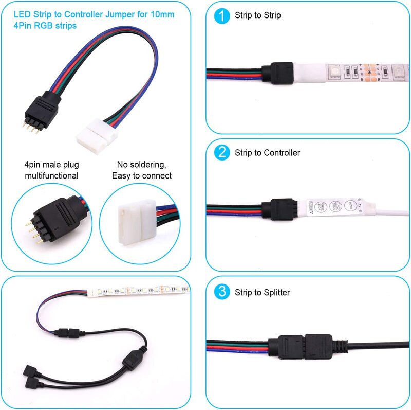 Il Kit di connettori per luci a LED RGB include 5050 connettori a LED a forma di L per luci di striscia 4pin 10mm Splitter LED prolunga del cavo