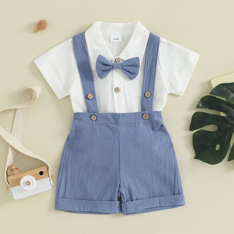 VISgogo 유아 소년 신사 복장, 단색 반팔 롬퍼, 활 타이 및 작업복 반바지 세트, 격식 있는 착용