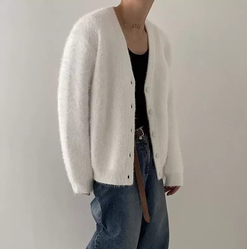 Suéter de lana de visón con cuello en V para hombre, cárdigan de punto con botonadura, abrigo suelto coreano de otoño, nueva moda, 9C2391