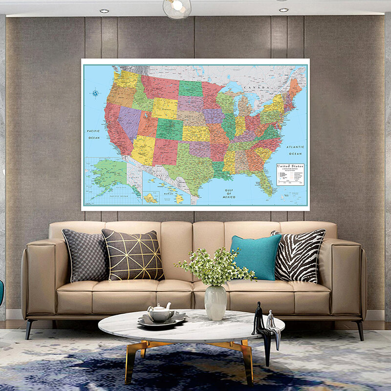 Mapa de administración de Retro americano, impresiones de tela no tejida, suministros escolares para decoración de habitación de imágenes artísticas en inglés, 100x70cm