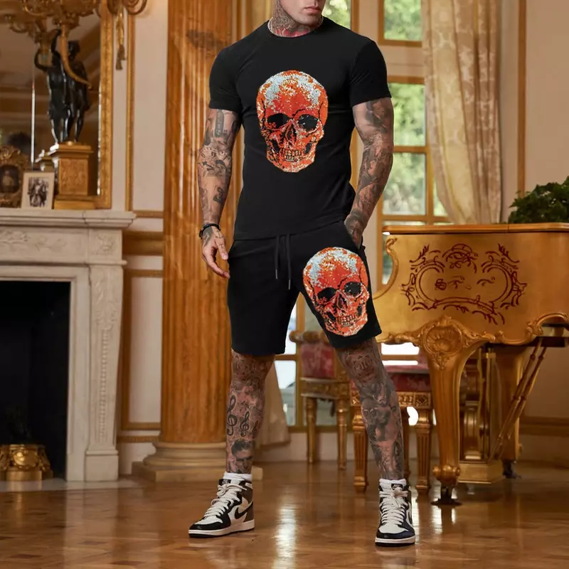 Luxury Skull Pattern 2 pezzi abito Casual Streetwear Outfit Fashion 2024 Summer tuta da uomo manica corta Set