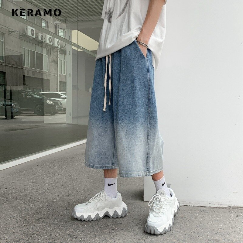 Jeans folgados gradiente vintage feminino, harajuku, perna larga, shorts jeans largos, casual de rua, estilo moderno, verão, 2024