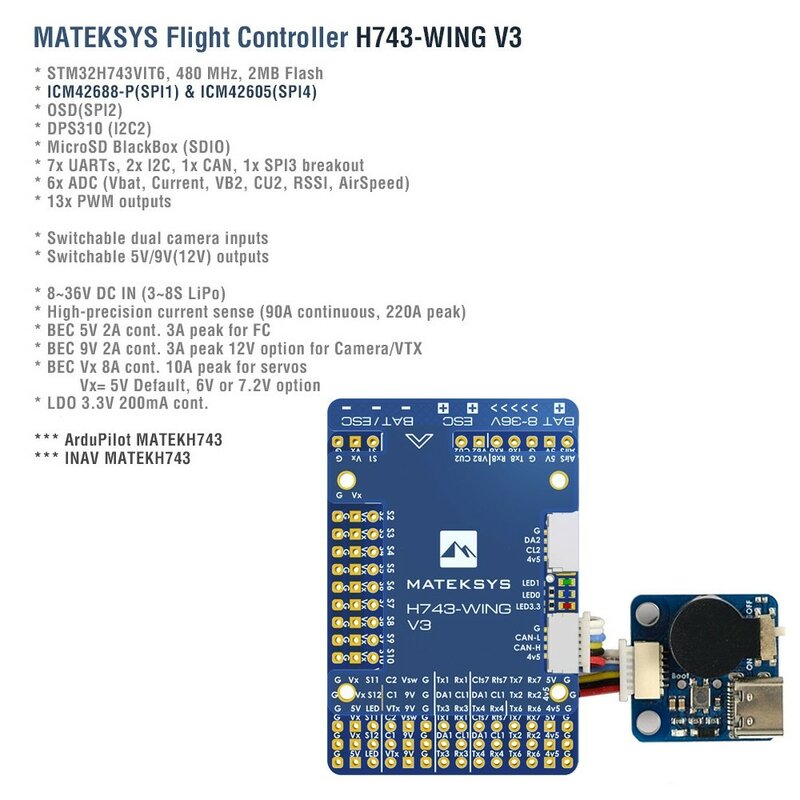 MATEK-Wing Controlador de Voo para RC Multirotor Avião, V3 ArduPilot INAV 3-8S H743, Drones de asa fixa, 30.5X30.5mm, H743-WING
