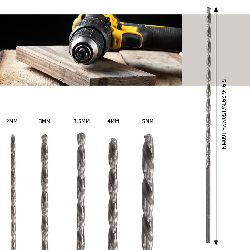 Conjuntos de brocas de aço de alta velocidade, haste reta, ferramenta de broca torção, extra longa, 2-5mm para madeira, 5 peças