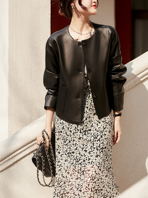 Sheepskin Leather Coat for Women, Drop Shoulder, Genuine, Round Neck, Small, Short, Solid, Spring, Autumn