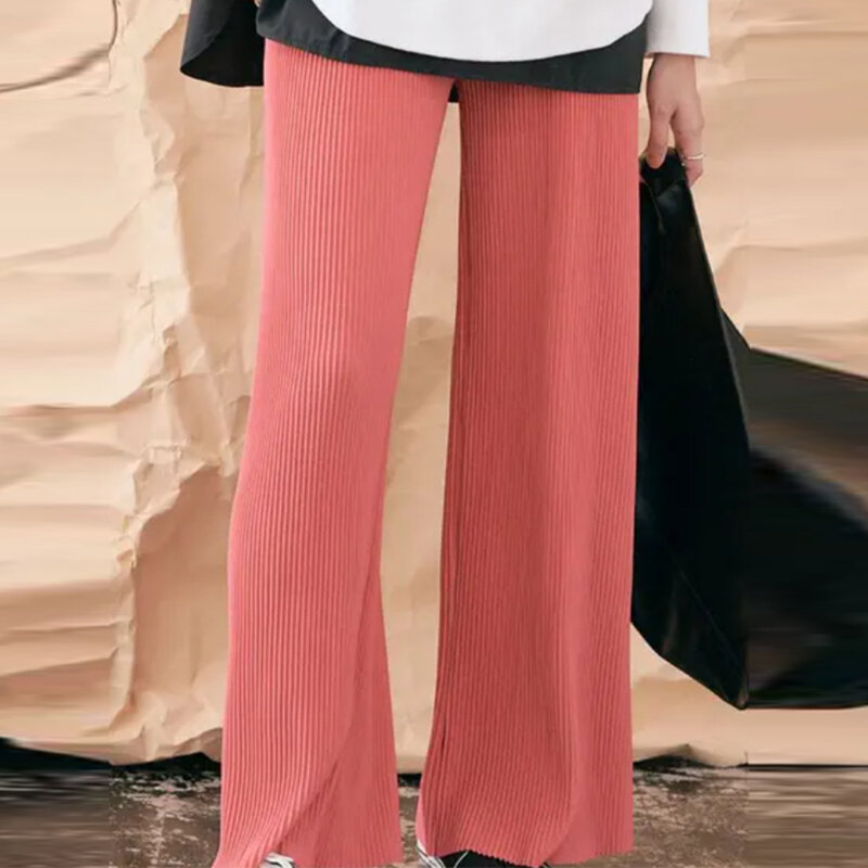 Pantalones largos elásticos de cintura alta para mujer, pantalón holgado informal, sólido, coreano, elegante, de pierna ancha, 2024
