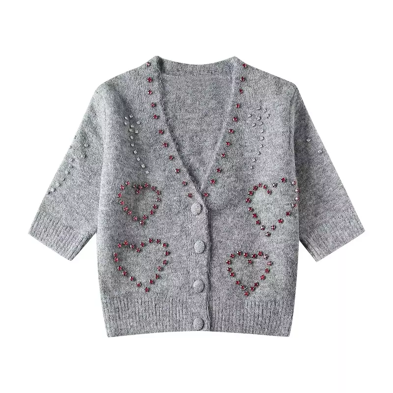 Women New Fashion beaded decoration Heart shaped V Neck Knitted Coat Vintage Short Sleeve Button-up Female Pullovers Chic Tops